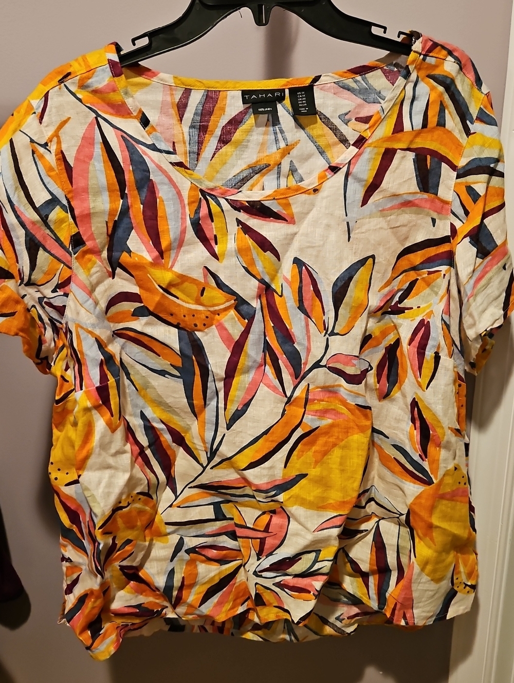 Tahari Multicolor Leaf-Print Short Sleeve Top — Yellow, Pink, Blue, Navy